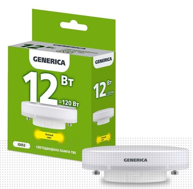 Лампа светодиодная T80 12Вт таблетка 3000К GX53 230В GENERICA LL-T80-12-230-30-GX53-G