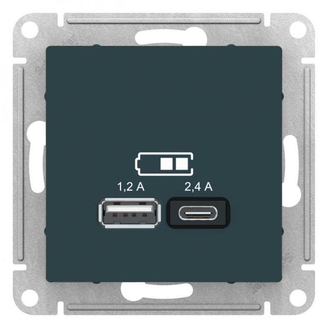 Розетка USB AtlasDesign тип A+C 5В/2.4А 2х5В/1.2А механизм изумруд SE ATN000839